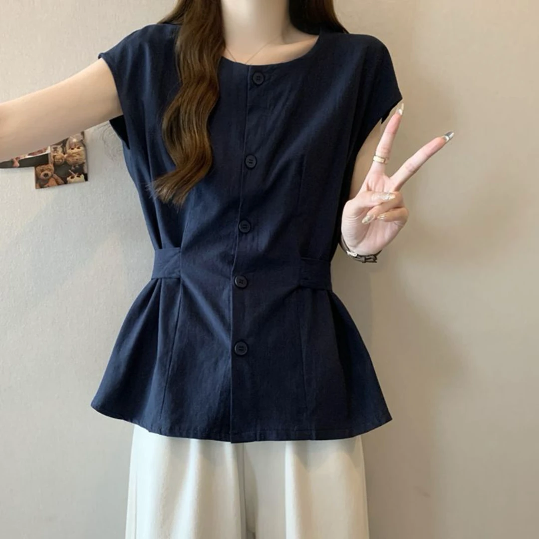 2677夏季新款气质甜美风时尚复古简约圆领短袖衬衫女宽松显瘦衬衣