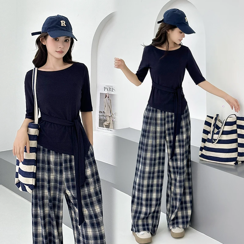 春秋新款时尚休闲长袖上衣格子阔腿裤两件套女洋气减龄套装25030