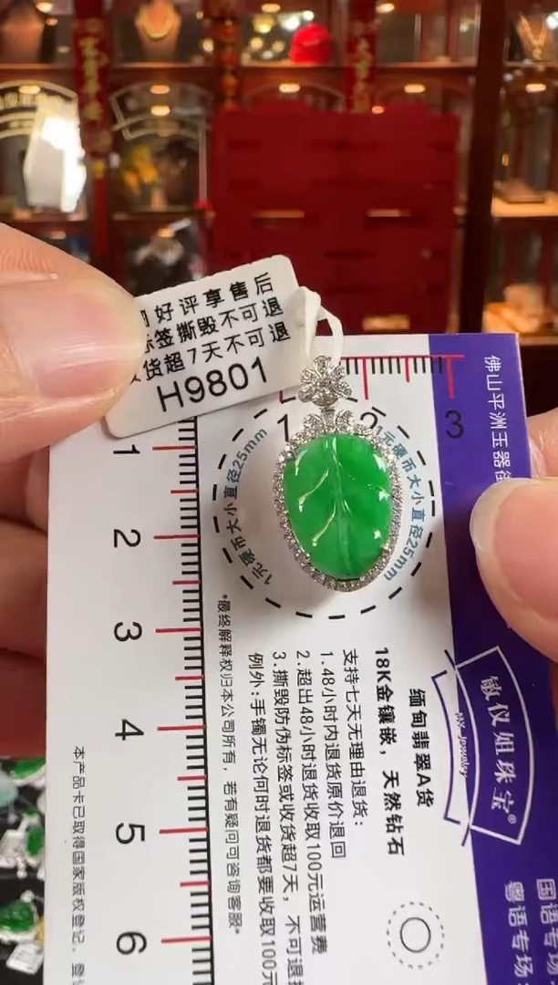 翡翠18K金镶嵌颈饰H9801冰绿叶子