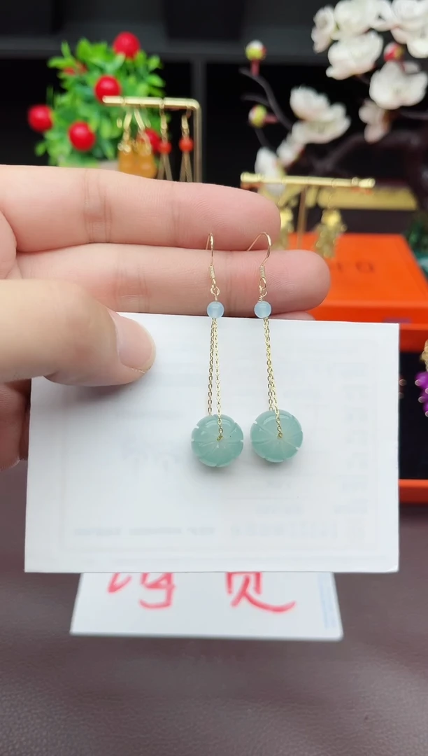 石英质玉（天山翠）银S925镶嵌耳饰F08