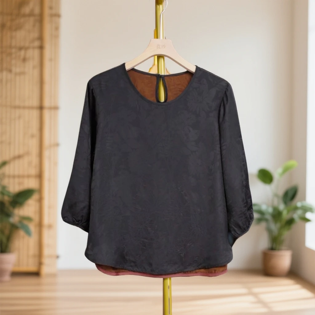 551【金姐专属】新款双面圆领黑色长袖角罗轻奢上衣