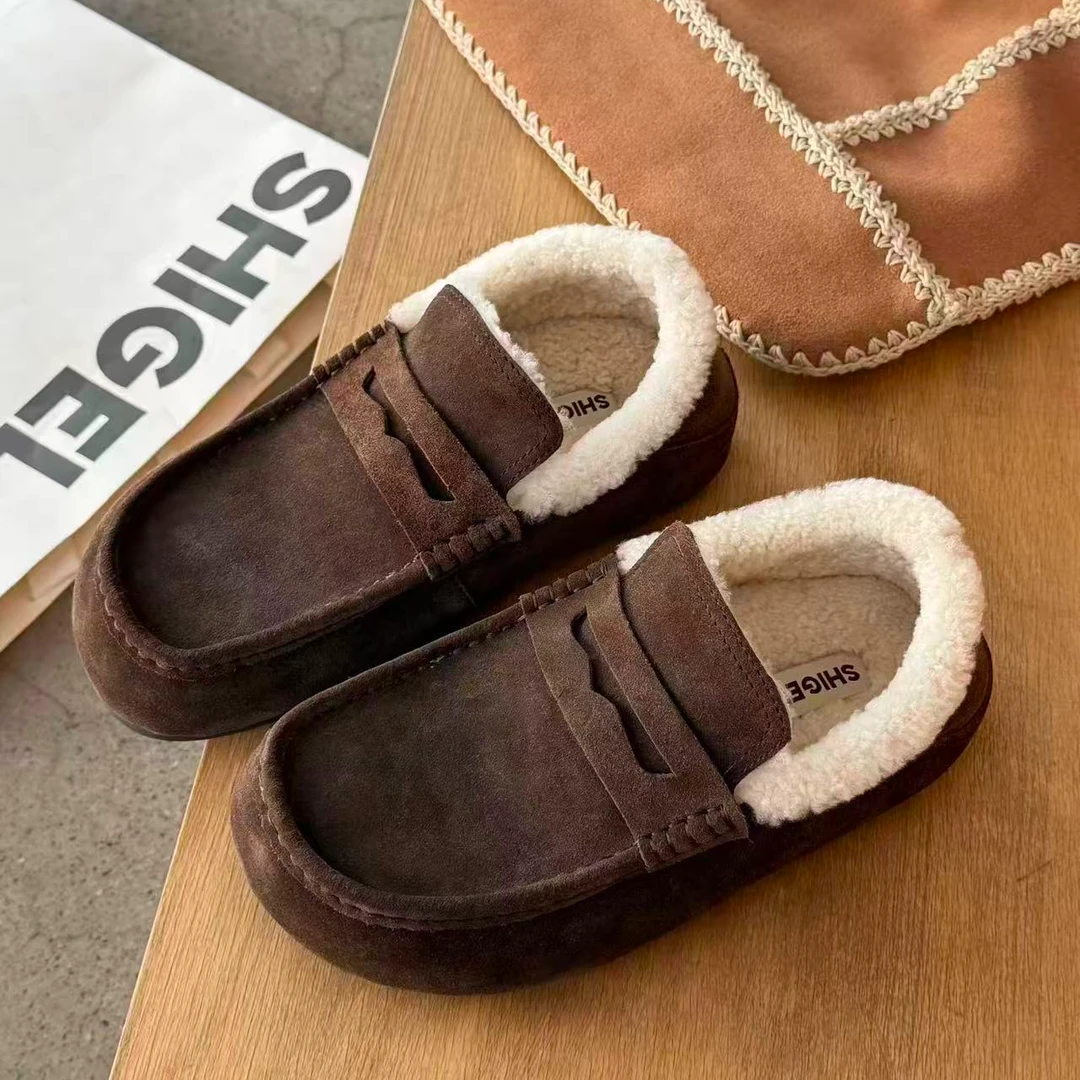 诗歌兰勃肯单鞋女2025秋冬新款时尚加绒保暖外穿一脚蹬懒人乐福鞋