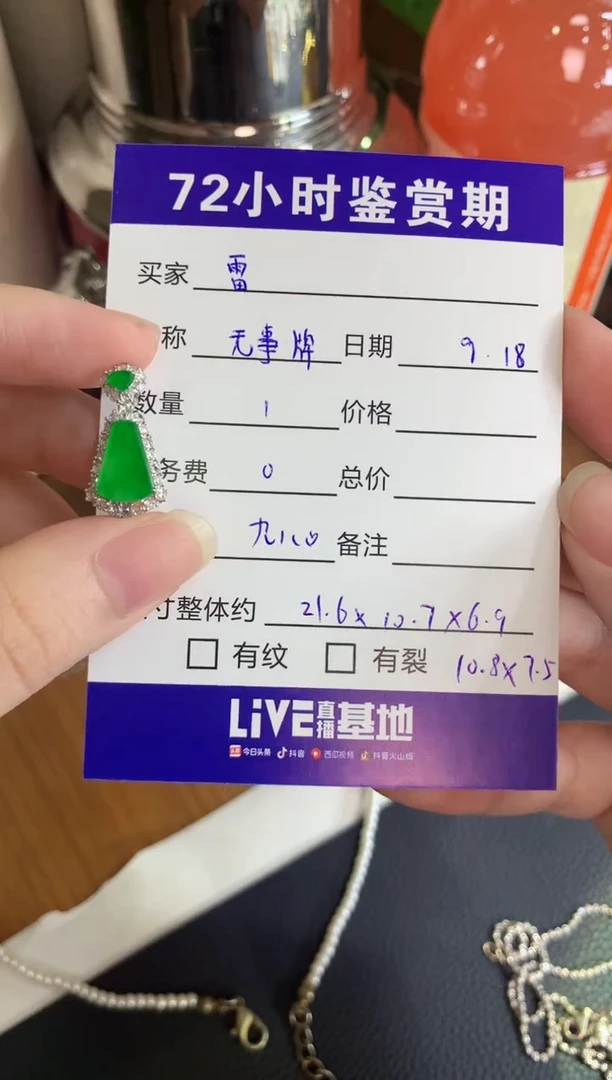 颈饰18K金镶嵌翡翠雷*雷绿无事牌