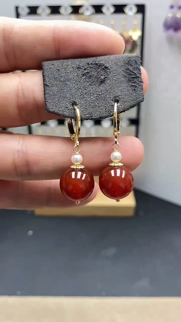 【闪购商品】南红玛瑙耳饰银S925镀金镶嵌尺寸14mmZ5