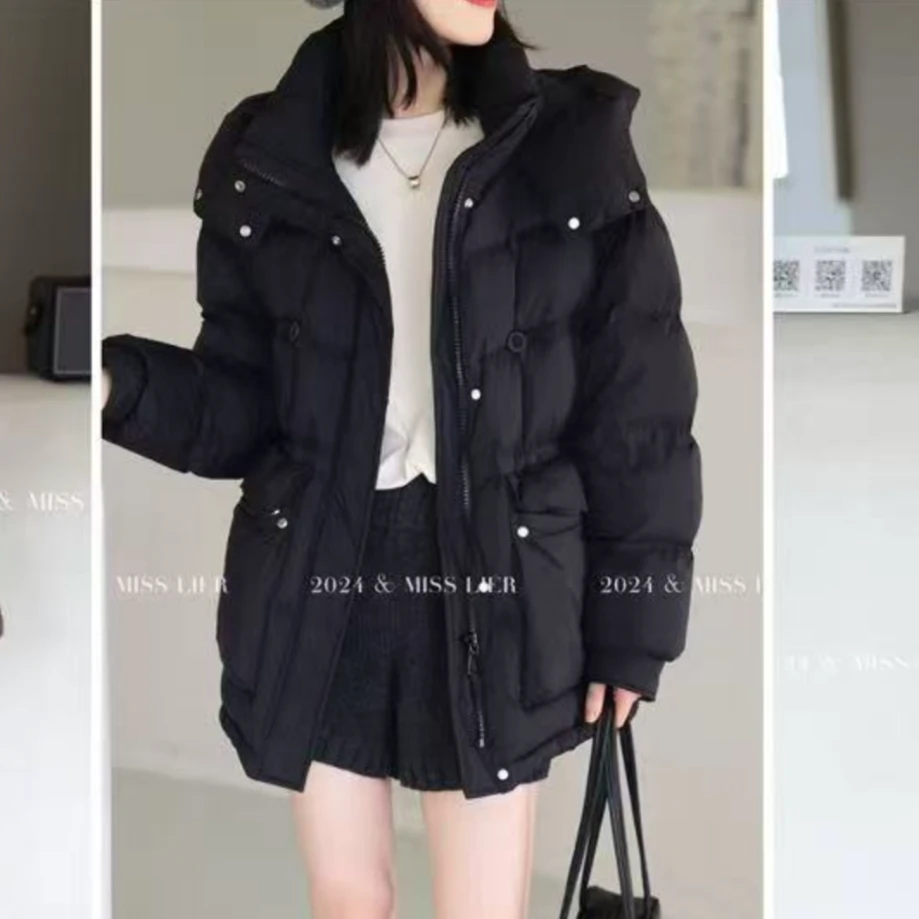 清 梨儿 R863 冬款高品质中长款连帽羽绒服加厚抽绳收腰保暖外套