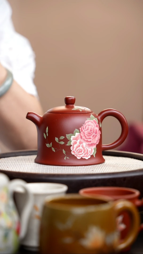 茶壶紫砂朱泥铃兰壶泥绘牡丹
