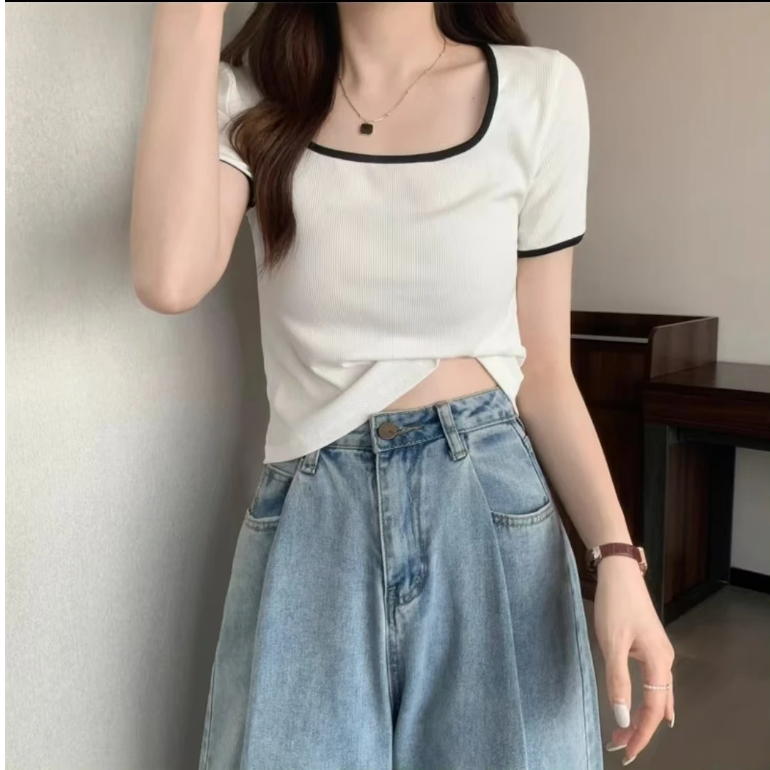 方领撞色短袖t恤女2025新款夏季韩版设计感修身短款休闲上衣潮