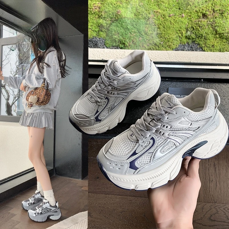 厚底老爹鞋女2025新款网面透气小个子增高6CM休闲鞋百搭女运动鞋