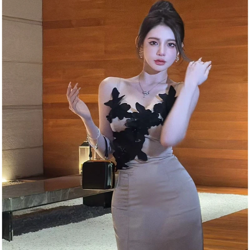 粉红pink 【暗雅】气质黑天鹅渐变立体花仙女吊带连衣裙LWJ24A1Q464