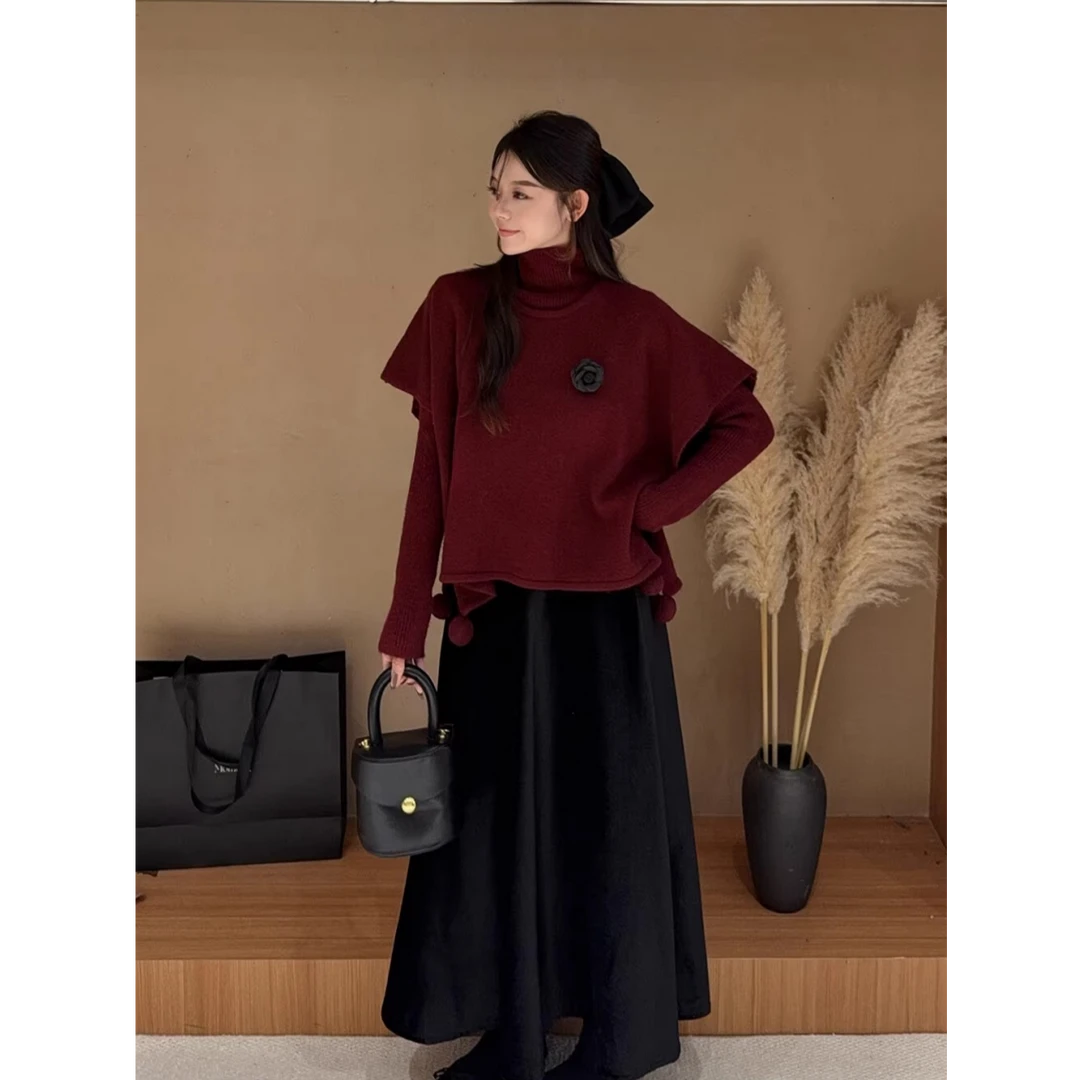 韩版简约风高领打底针织衫高级感宽松毛衣花朵两件套上衣G9-85