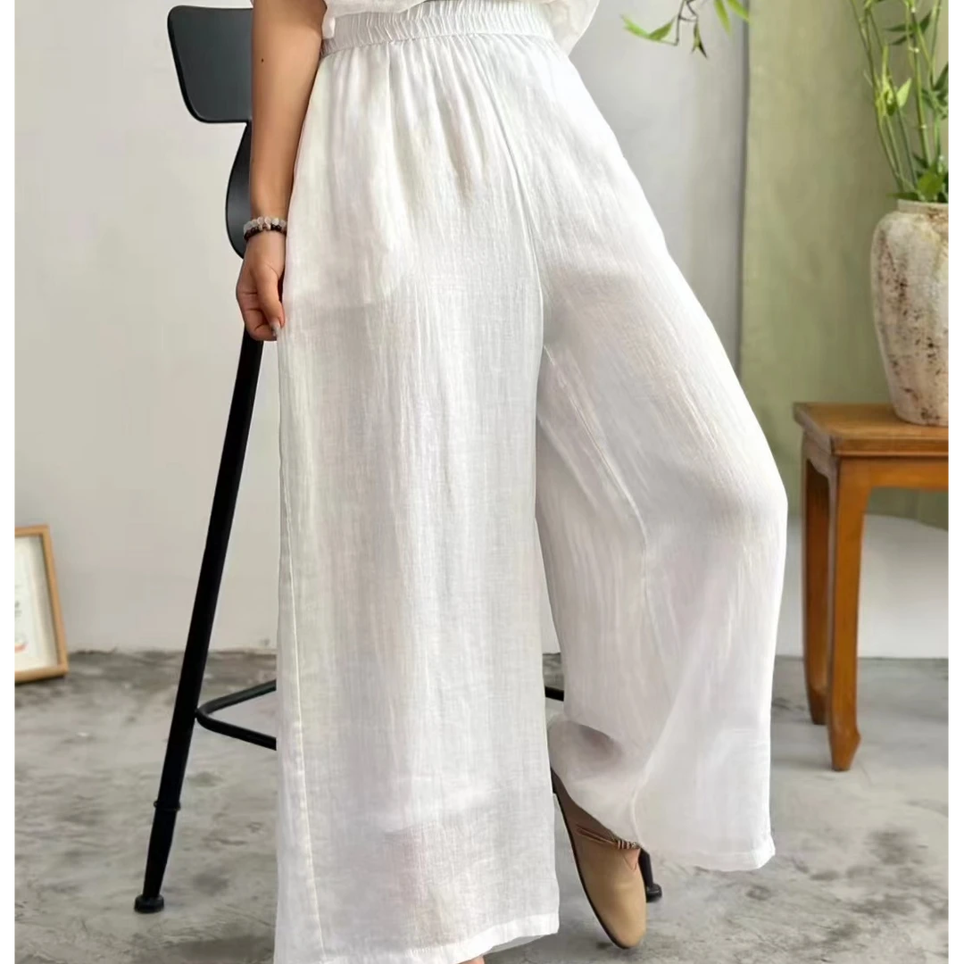 2025夏季新款小个子复古文艺双层苎麻阔腿裤休闲裤宽松飘逸国风款