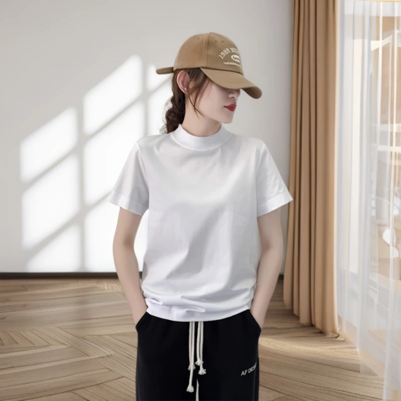 高级感纯棉T恤女短袖正肩宽松显瘦半高中领上衣纯白色外穿打底衫