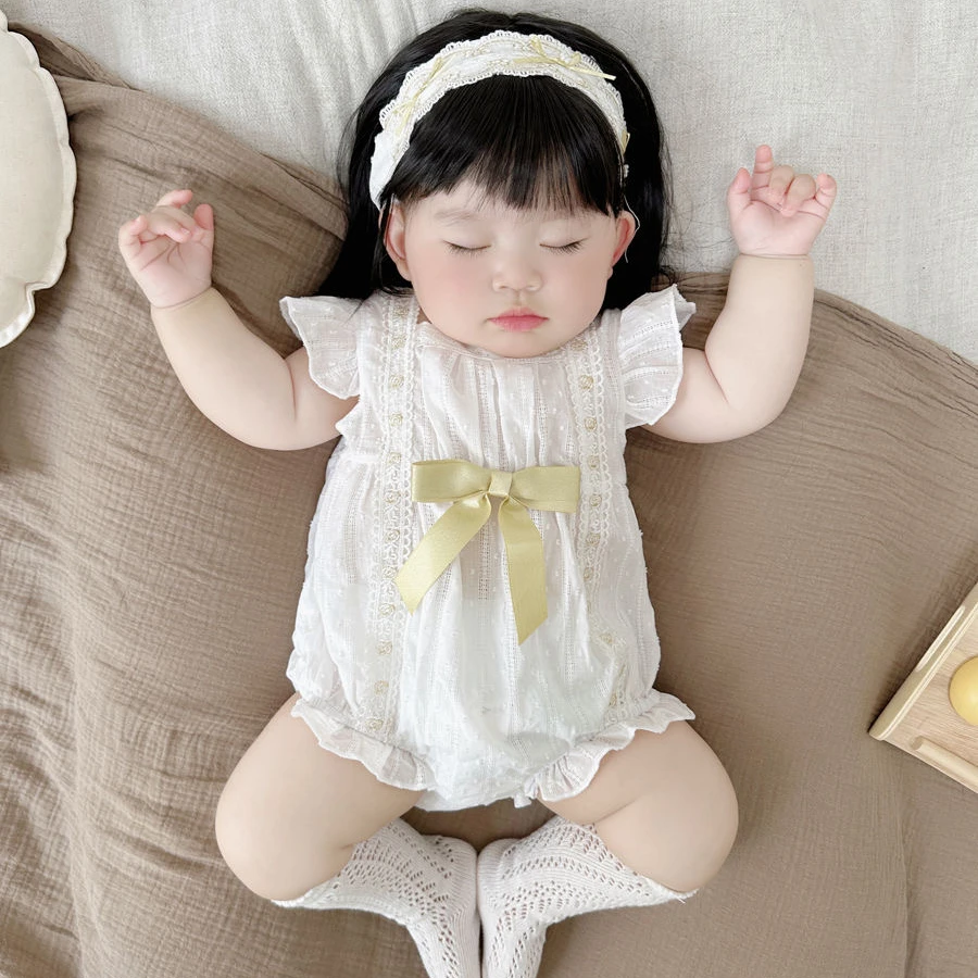新婴儿夏装新生儿蕾丝公主飞袖连体哈衣女宝宝满月薄款包屁爬服