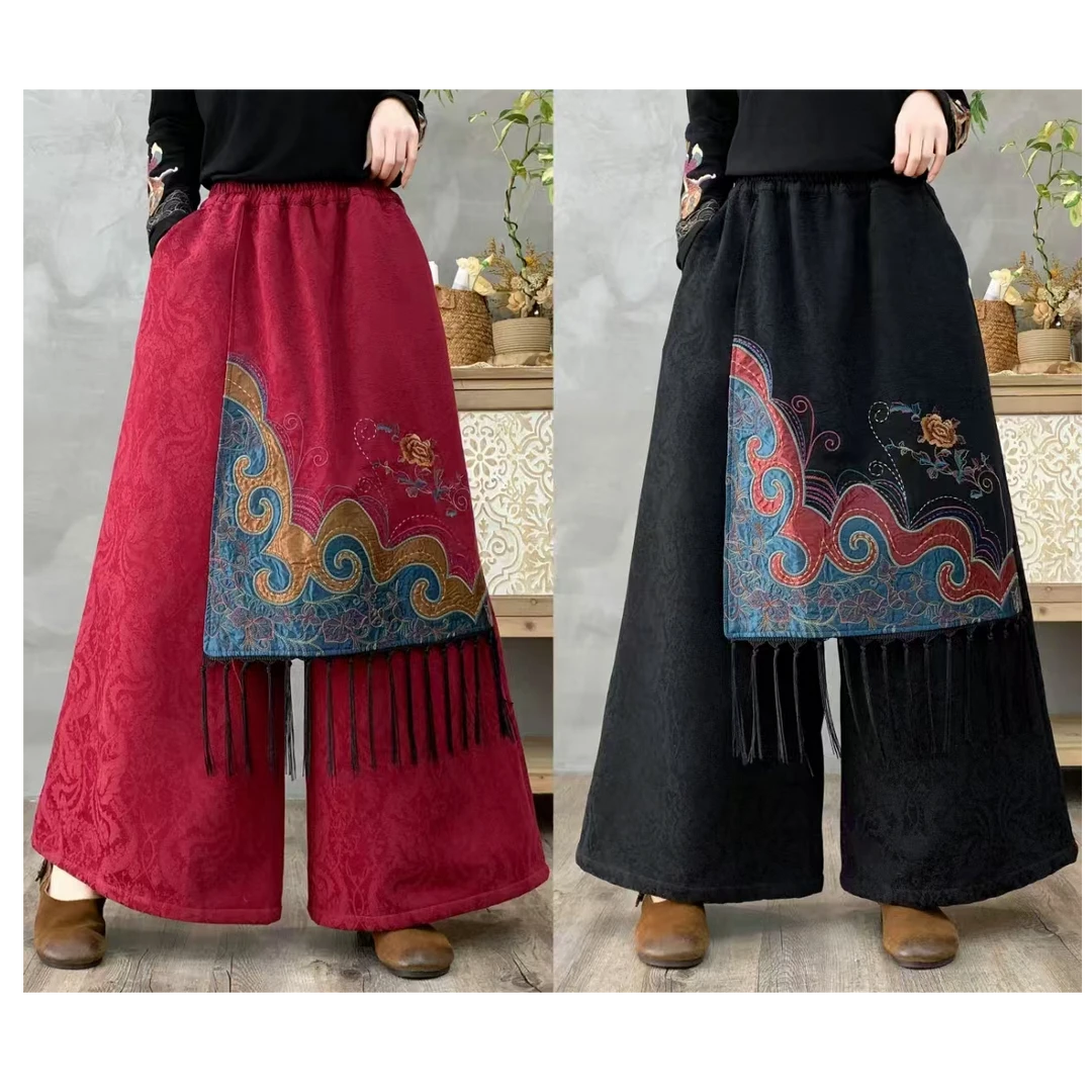 【艺美】（拂晓）冬款民族风棉麻加绒提花飘带扇刺绣阔腿裤直筒裤