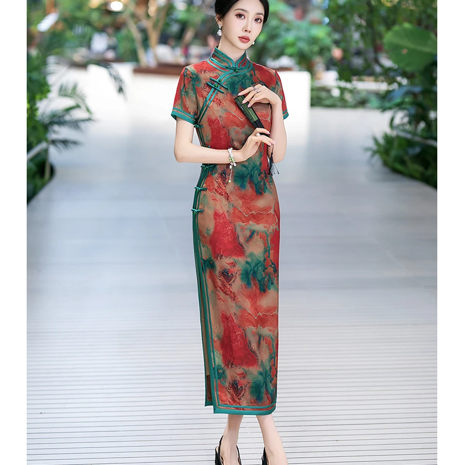【江山一片红】上上喜双层高腰复古时尚优雅新款长旗袍
