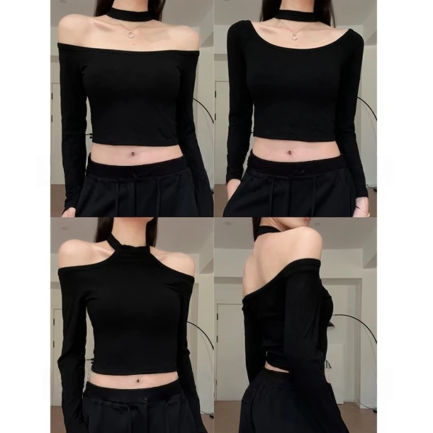 Not defined设计感小众辣妹露肩长袖t恤女秋季显瘦百搭打底上衣