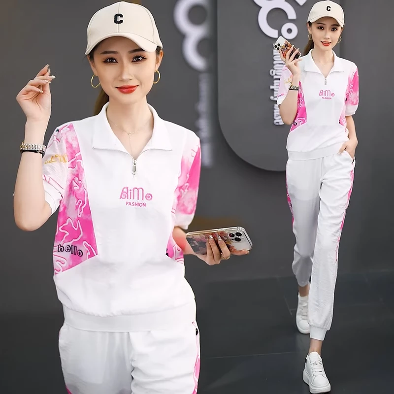 现货+运费险运动套装女夏2025新款立领休闲跑步服两件套天丝亚麻