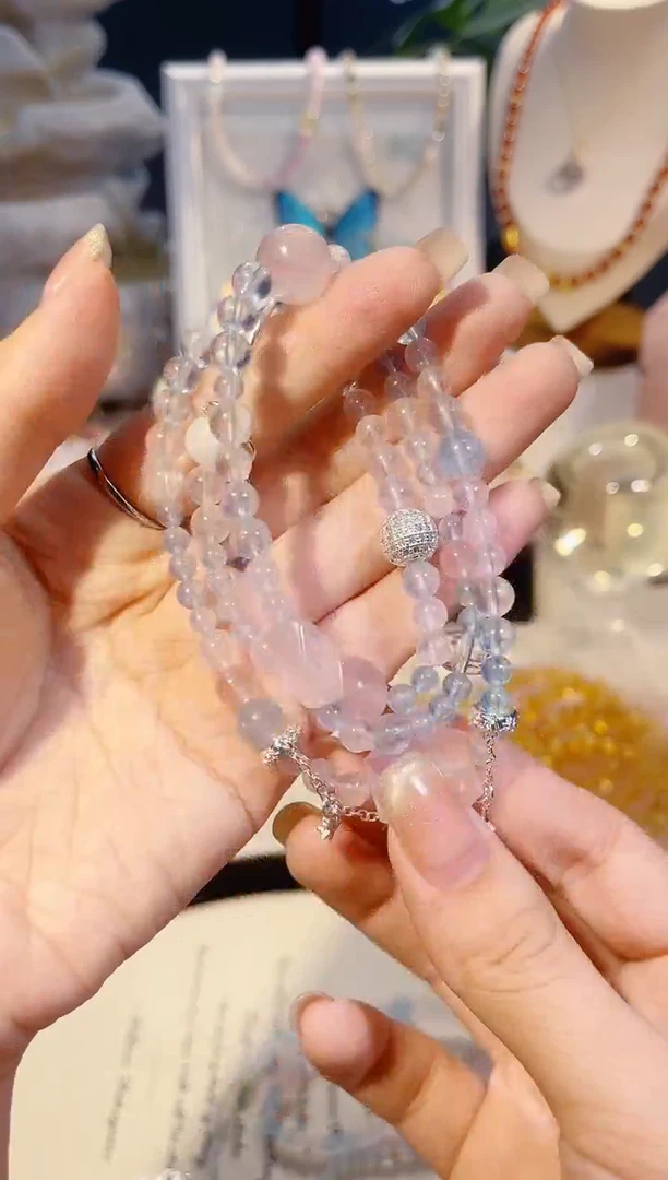 未镶嵌手串水晶三圈海蓝宝粉水晶