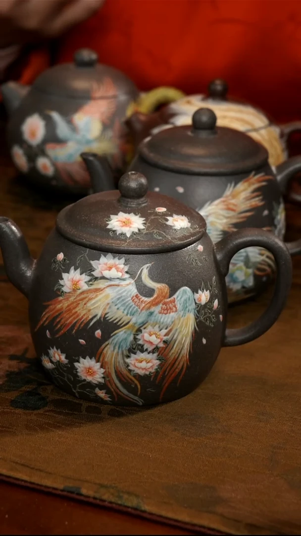茶壶紫砂天青小花花五彩凤凰壶