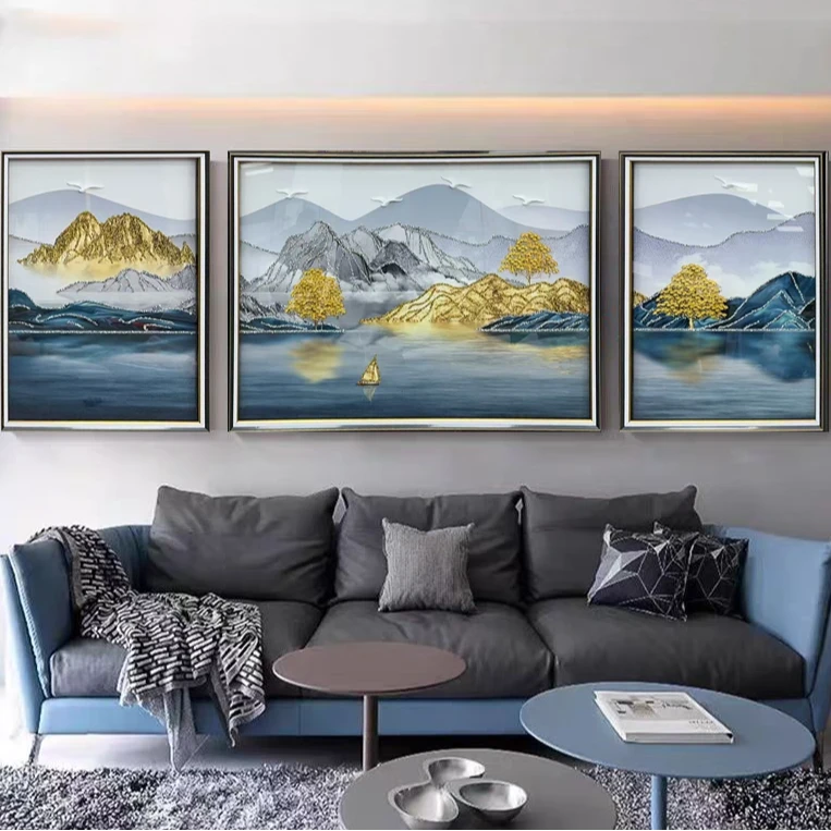 M10富水金山轻奢客厅装饰画中式山水沙发背景墙壁画金山实物挂画