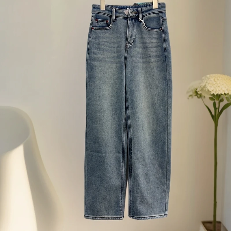 92322牛仔裤加绒显瘦高腰直筒休闲百搭秋冬