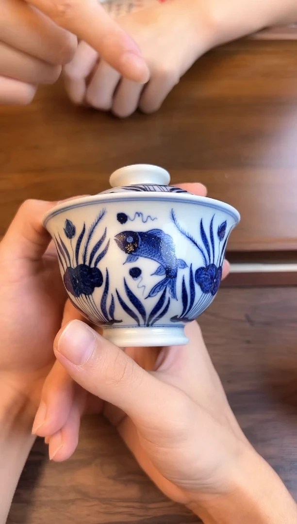 问青坊纯手工手绘青花鱼藻柴窑二才盖碗