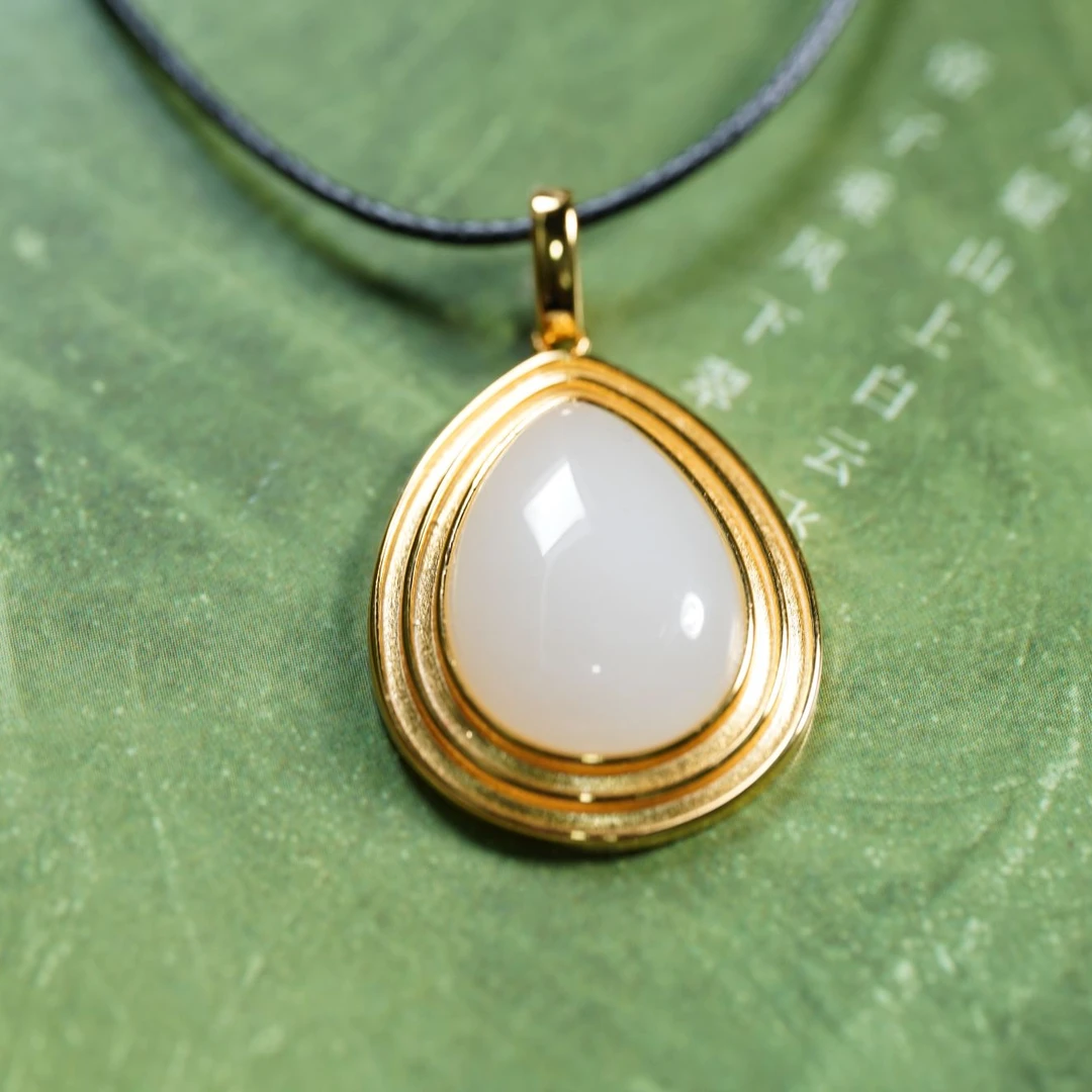 【百年一玉】S925银镀金天然和田玉水滴吊坠-0299