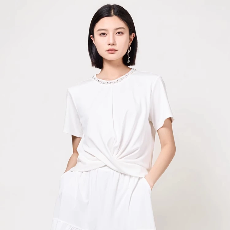 MEDECOO/墨蒂珂新款女装钉珠优雅百搭短袖T恤上衣TJX62314