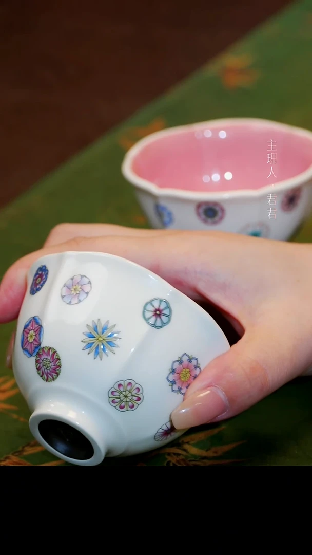 茶杯紫砂【宜景窑珍珠白系列】紫色皮球花杯子