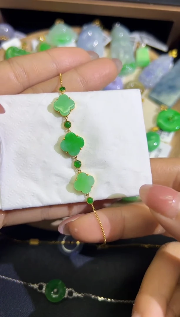【闪购商品】翡翠手链18K金镶嵌Q缅料A货翡翠/支持复检/一件
