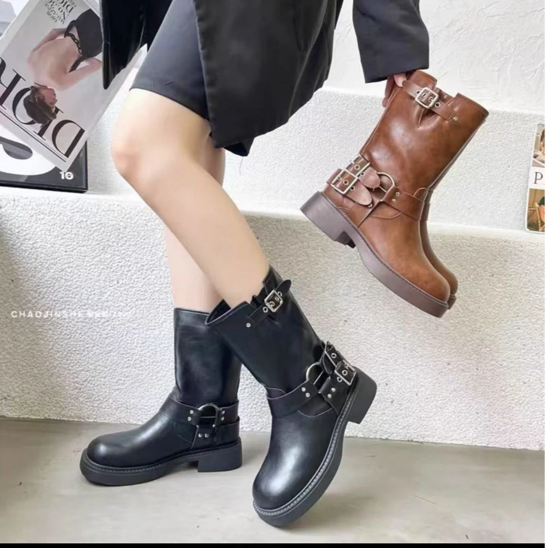2089圆头英伦皮带扣防滑马丁靴百搭女鞋欧若假日风