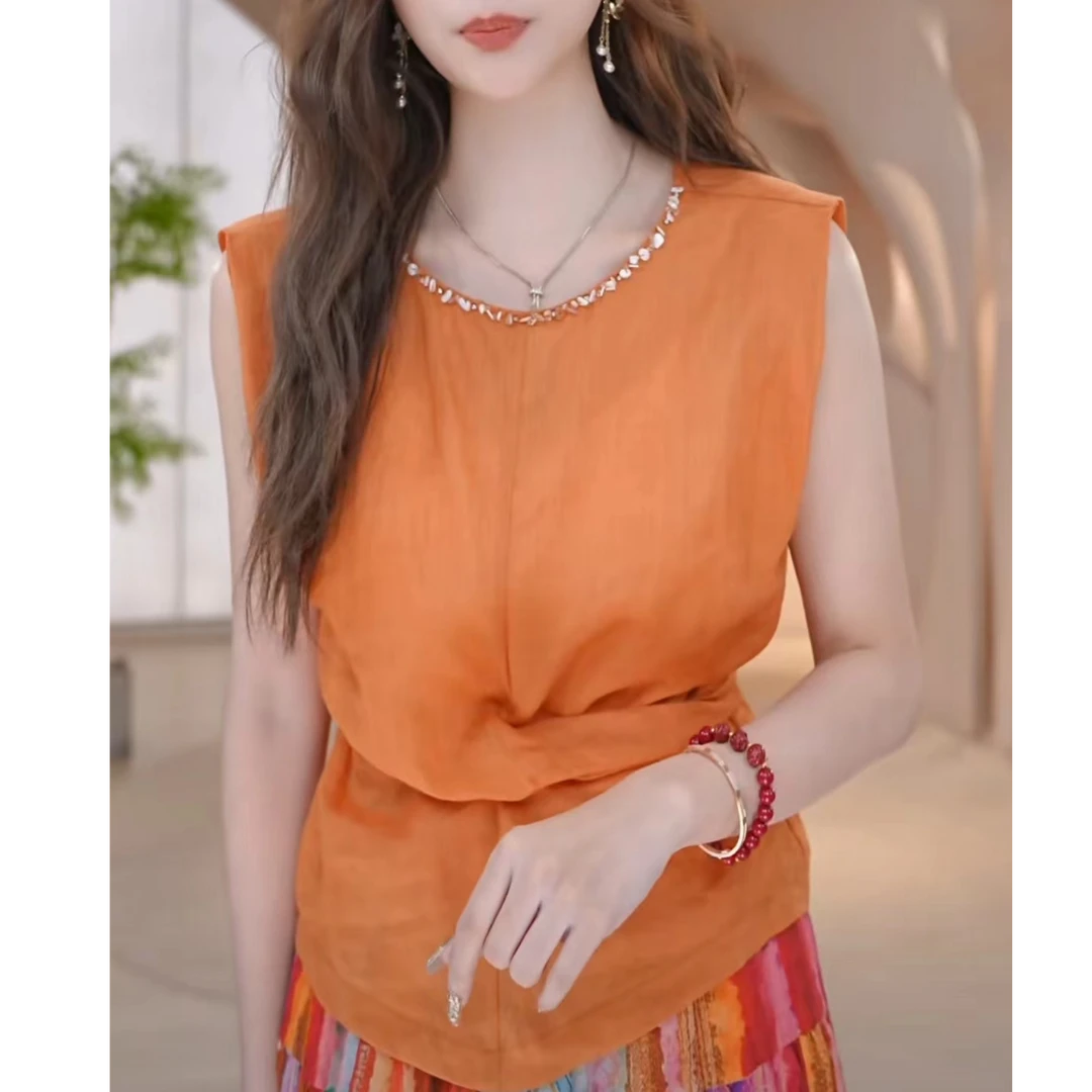 COCO BECCI【落日珠贝】100苎麻显瘦休闲百搭收腰T恤CFXYB351014