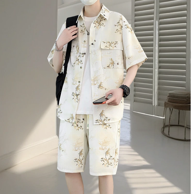 时尚潮牌男装夏季宽松衬衣短裤两件套男士轻薄舒适衬衫休闲套装男