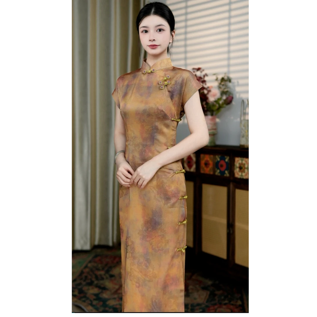 锦笙 |芳华127cm古法全开改良新中式单层短袖旗袍知性文艺旗袍
