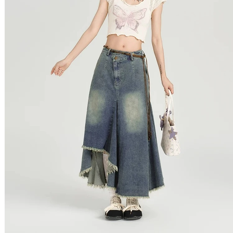 2025夏季新款高腰大摆裙工装鱼尾裙显瘦百搭复古色韩版设计时尚