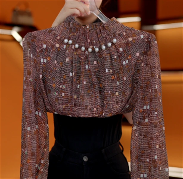 2025新款原版正品气质洋气优雅衬衫时尚减龄重工手工珍珠上衣