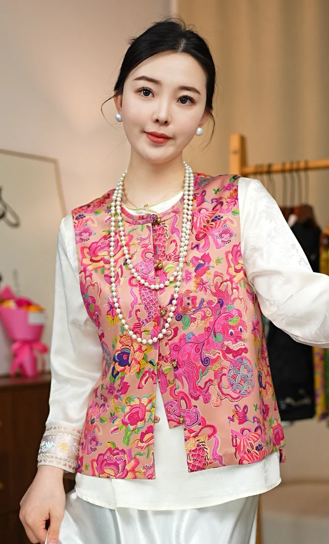 CHUNTIAN/李李国风【莲鲤】新中式宋锦提花时尚马甲