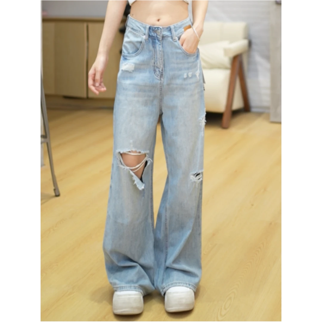 JIANGZHUO【T1559】夏季新款破洞牛仔高腰直筒裤