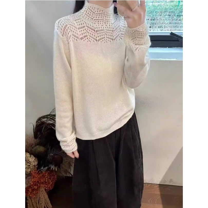 3595【半高领氛围感钩花毛衣】秋冬新款女士气质宽松针织上衣