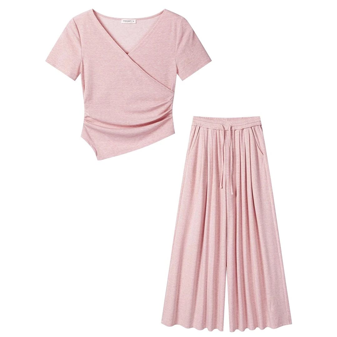 羊城故事【小5】粉色温柔V领短袖T恤夏季薄款长裤两件套装Y50550315