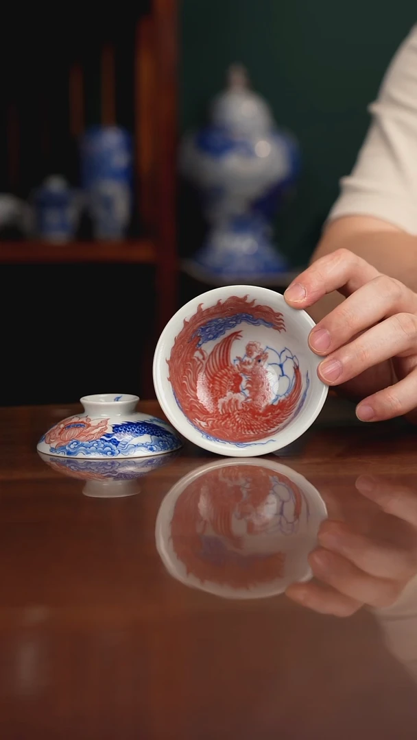 自成堂柴窑 青花釉里红 龙凤盖碗