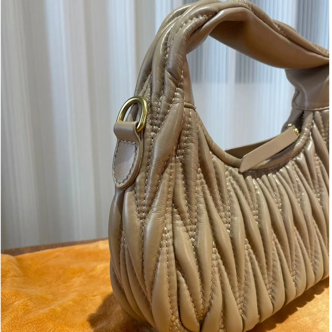 HIRMRIS手工真皮包MX221 缪褶皱手提杏色