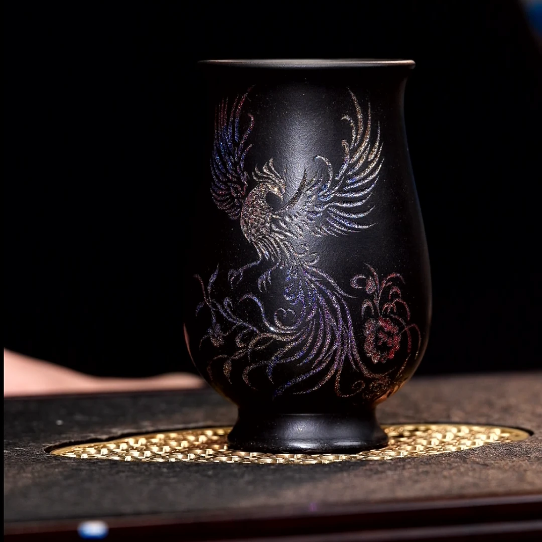 c71黑泥刻绘凤凰宝瓶主人杯