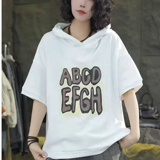 【店铺热销】2025夏季连帽短袖卫衣女字母印花套头T恤韩版宽松减龄