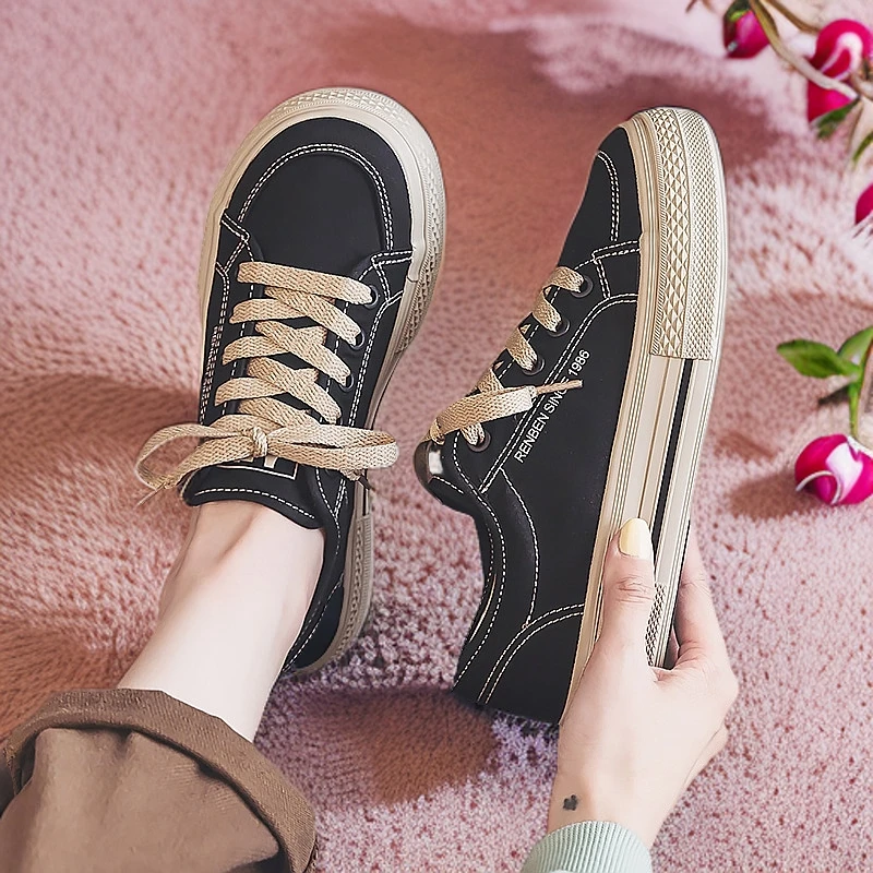 人本春季仓低帮帆布鞋厚底休闲鞋女百搭板鞋韩版学生女23088