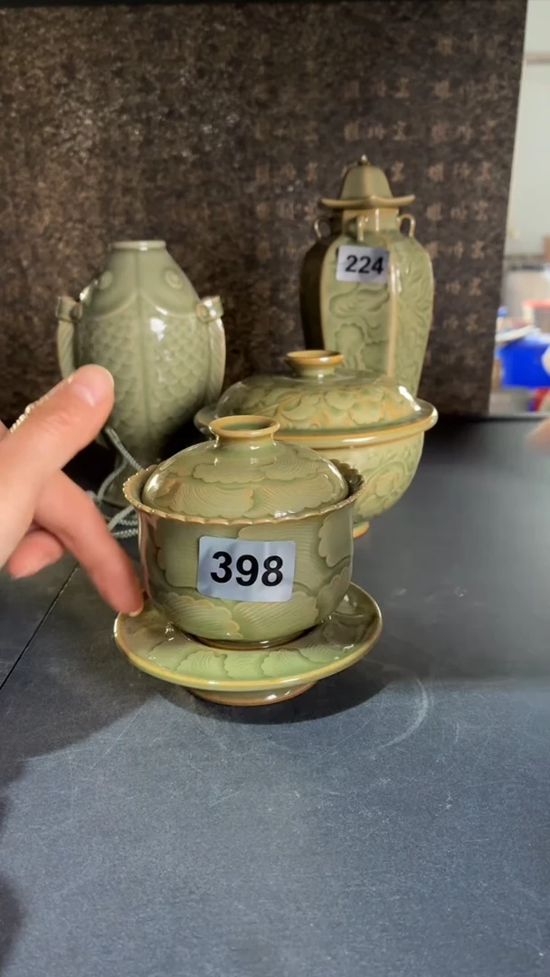 耀州窑仰山水波盖碗+杯托398
