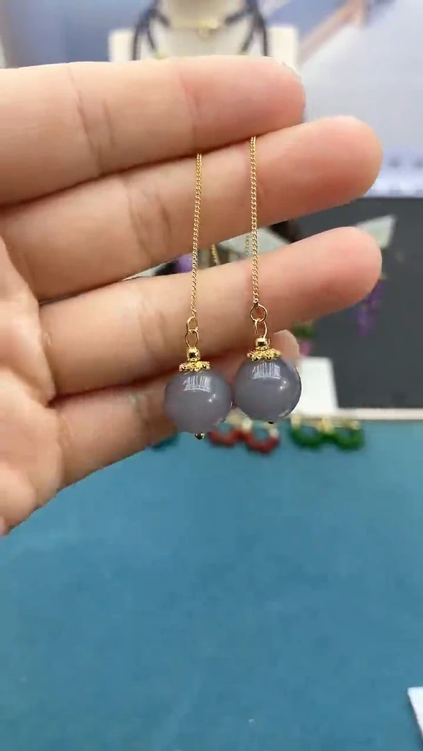 【闪购商品】和田玉耳饰14K金镶嵌12mm烟紫耳线