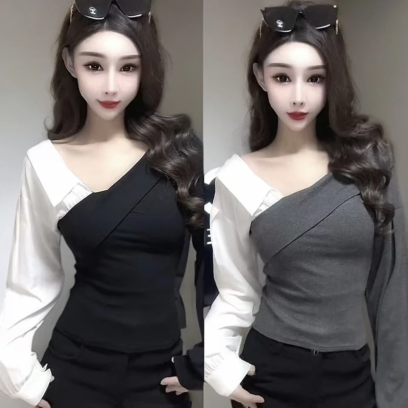 韩版网红外穿露肩气质长袖假两件上衣女2025春季法式小众气质衬衫