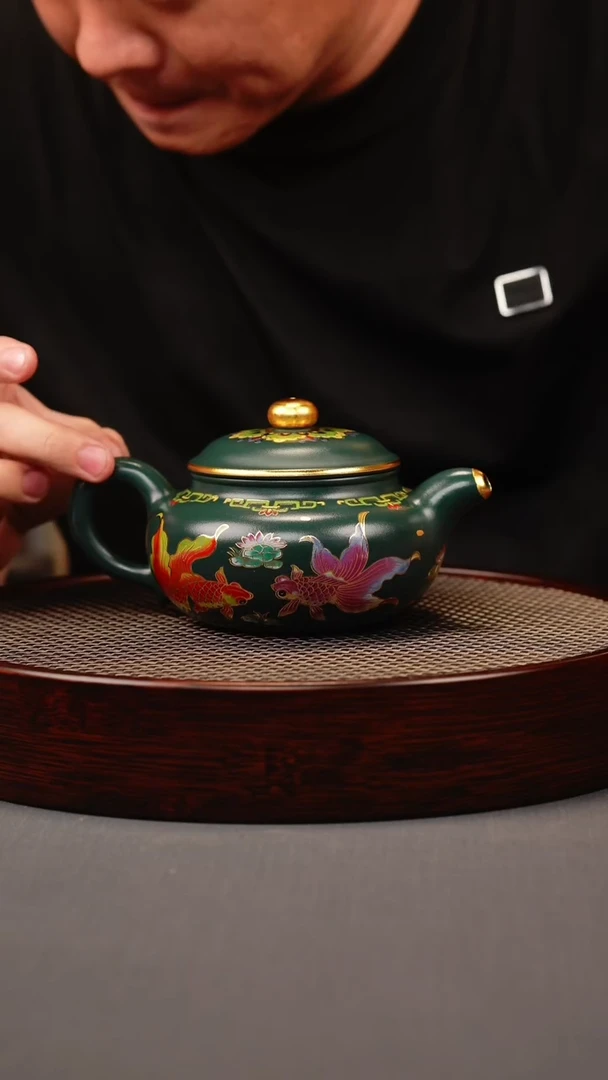 茶壶紫砂绿泥 仿古 锦鲤珐琅彩