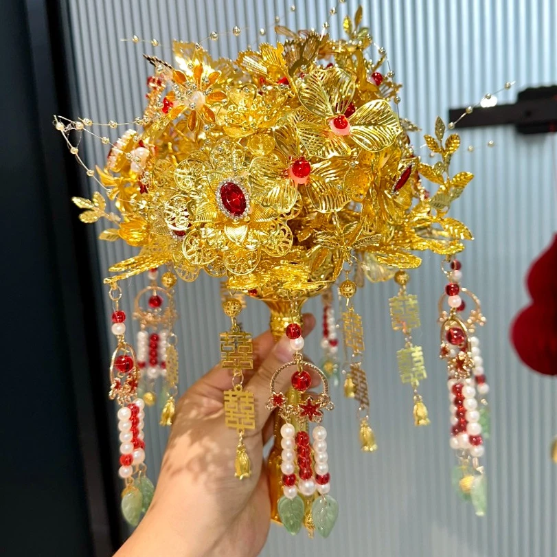 红金色手捧花新娘diy结婚送闺蜜手工成品材料包高级礼物秀禾